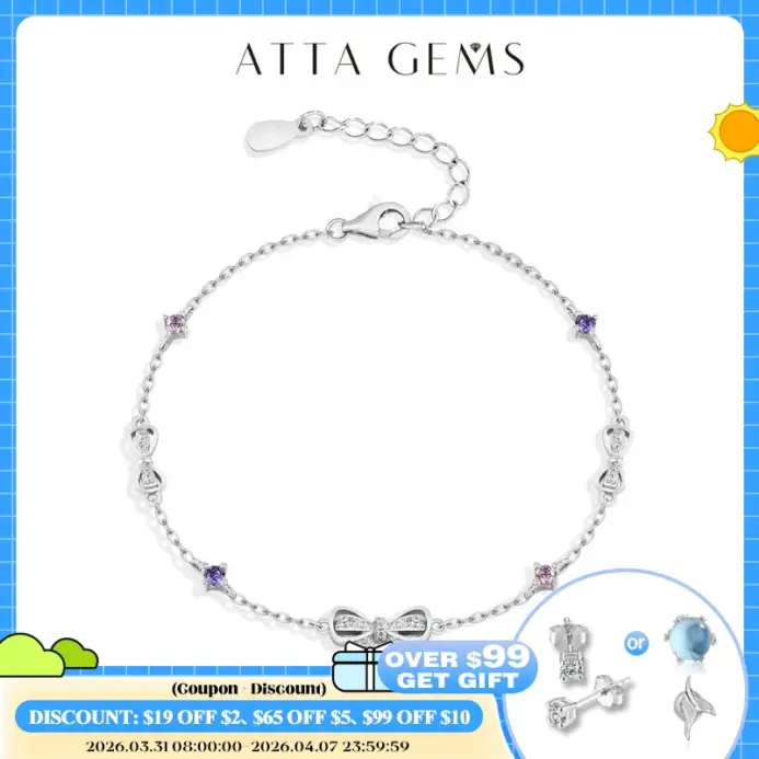 Pulsera de Plata de Ley 925 con Moissanita y Lazo de ATTAGEMS, Diseño Original y Dulce, Pulseras Coloridas con Circonitas Rosas para Mujer, Regalos para Fiestas 1