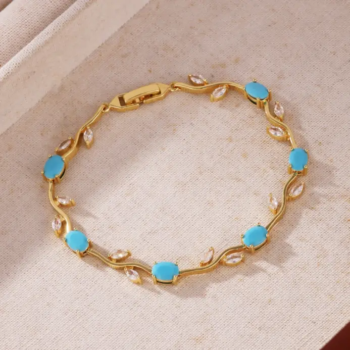 Pulseras de Lujo con Piedras Naturales de Turquesa, Zirconia, Hojas, Ramas y Flores de Diamantes de Imitación para Mujer, Regalo de Joyería para Fiesta o Boda 1