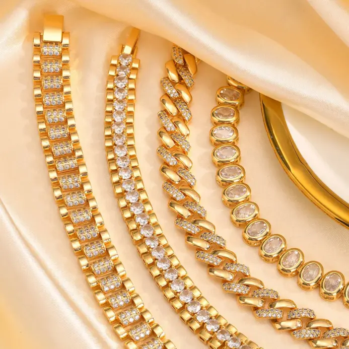 Pulseras de cadena de bloque Vnox para mujer con incrustaciones de circonita cúbica, joyería chapada en oro, regalos para novia 1