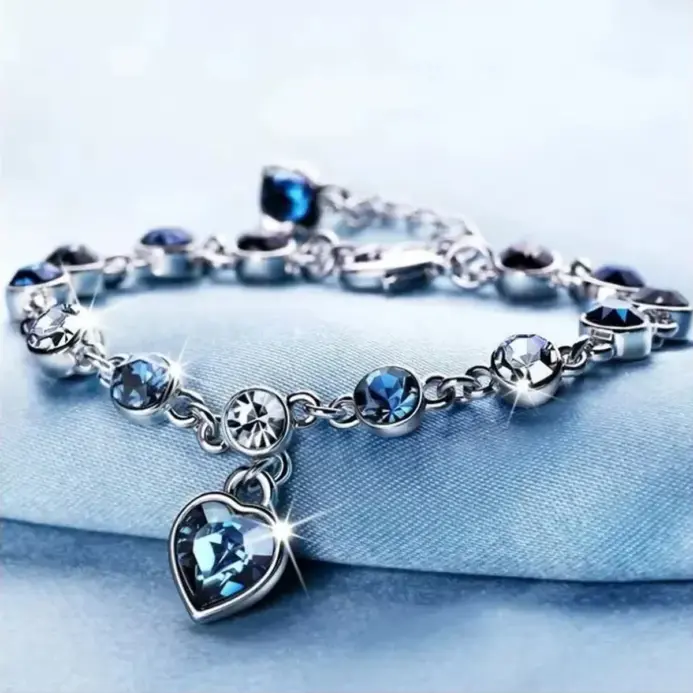 Pulsera de la suerte de Color plateado para mujer, Pulseras con dije de corazón de cristal azul para mujer, joyería fina de compromiso para boda y novia, regalo 1