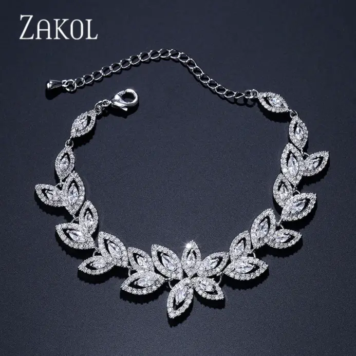 ZAKOL Pulseras de Moda con Dijes de Flor de Circonia para Mujer, Pulsera de Hoja Micro Pavimentada, Joyería para Novias y Fiestas de Boda 1