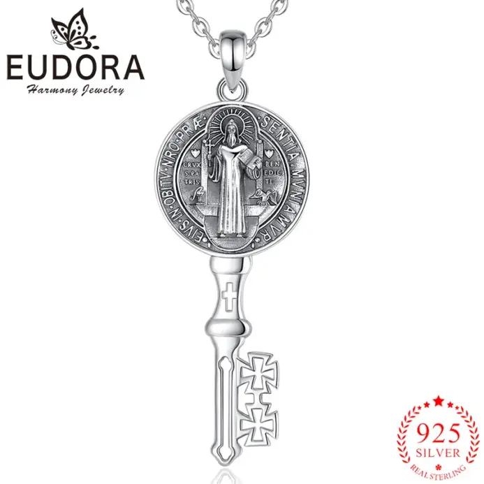 Eudora-collar de plata de ley 925 con llave cruzada, amuleto de San Benito, colgante, joyería cristiana fina para hombres y mujeres 1