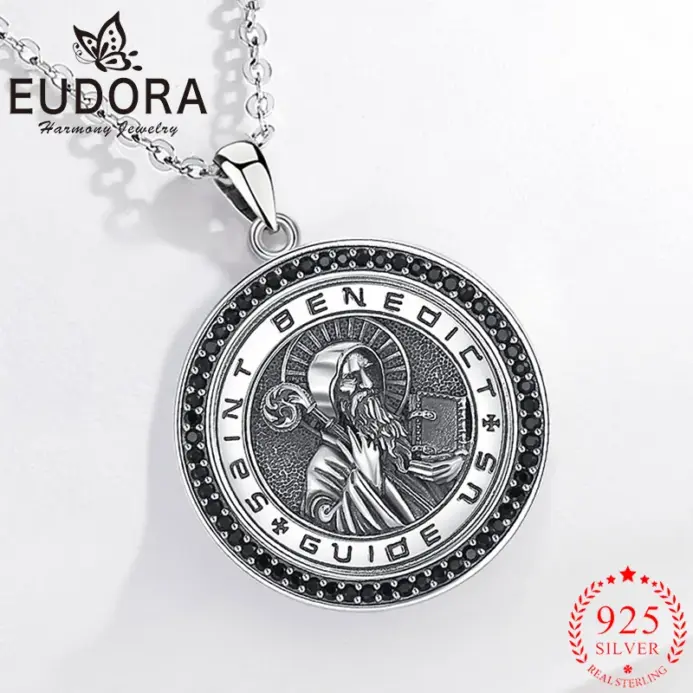 collar de plata de ley 925 con amuleto de San Benito, colgante de cruz, joyería católica, Buen regalo para hombres y mujeres 1