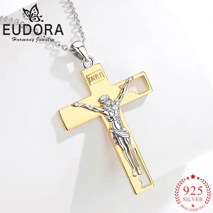 collar con crucifijo de Plata de Ley 925, cruz de Jesús, colgante de oro de 18K, amuleto cristiano, joyería creativa, regalo para hombres y mujeres 1