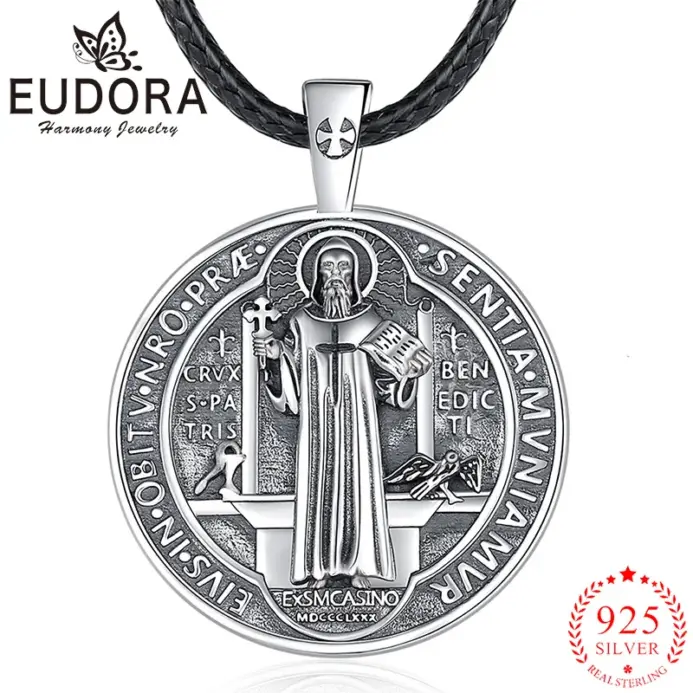 Collar de San Benito Eudora, amuleto católico de Plata de Ley 925, colgante de cruz de San Benito, joyería espiritual, Buen regalo Unisex 1