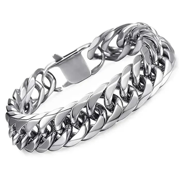 HNSP Pulsera de cadena cubana LA de acero inoxidable para hombre, estilo punk hip hop, color plateado, cadena de mano de 8/10/12/14 mm de grosor 1