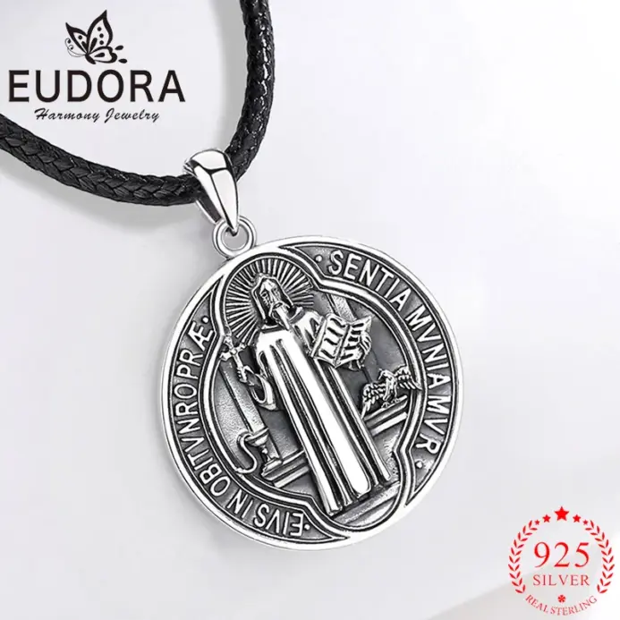 Collar Eudora de San Benito, colgante de cruz de San Benito de Plata de Ley 925, amuleto de runas católicas, regalo de joyería para hombres y mujeres 1