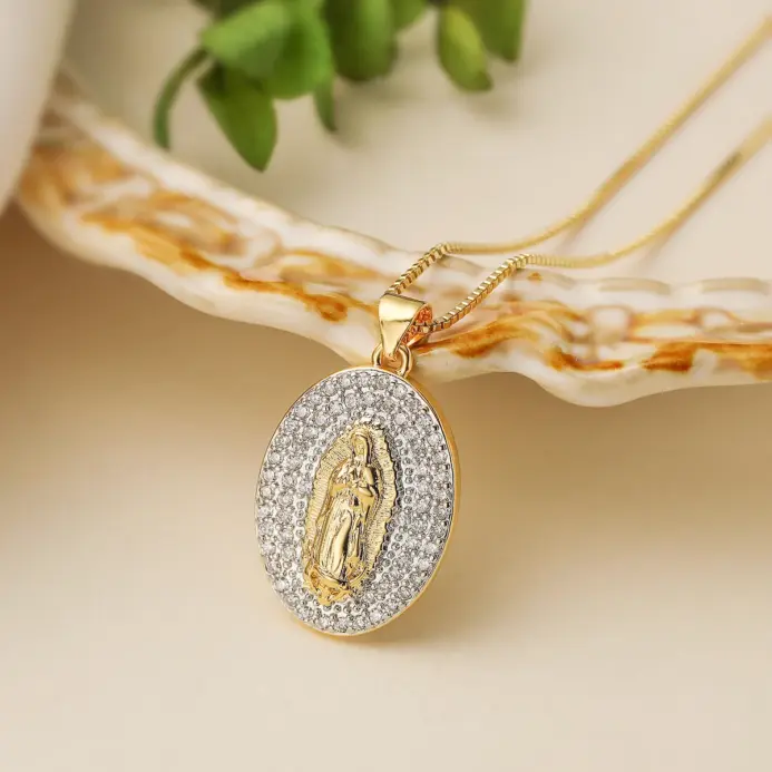 Nuevo Collar de Moda con Colgante de Virgen María y Sacerdote, con Incrustaciones Brillantes de Circonita Cúbica AAA en Color Plata/Oro 1