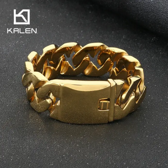 Pulsera KALEN de Acero Inoxidable 316L de 24 mm para Hombre, Color Dorado Brillante, Cadena Cubana Especializada, Joyería, Accesorios Personalizados 1