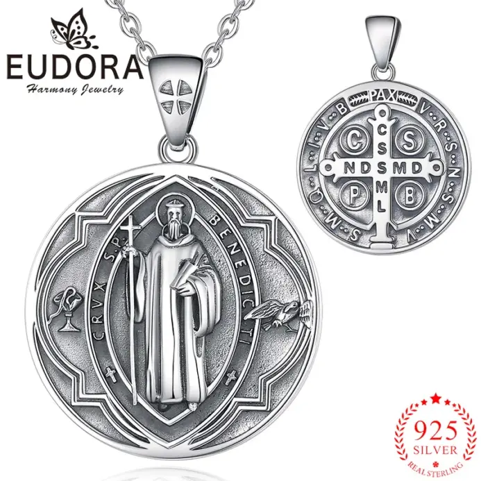 collar de plata de ley 925 con medalla de cuervo cruzado, amuleto religioso, colgante, joyería Vintage, regalo para hombres y mujeres 1