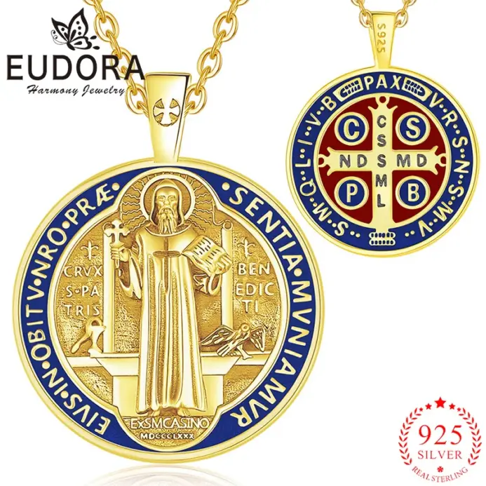 Eudora-collar de plata de ley 925 con cruz de oro de 18 quilates, colgante esmaltado de San Benito, amuleto católico, joyería para hombres y mujeres 1