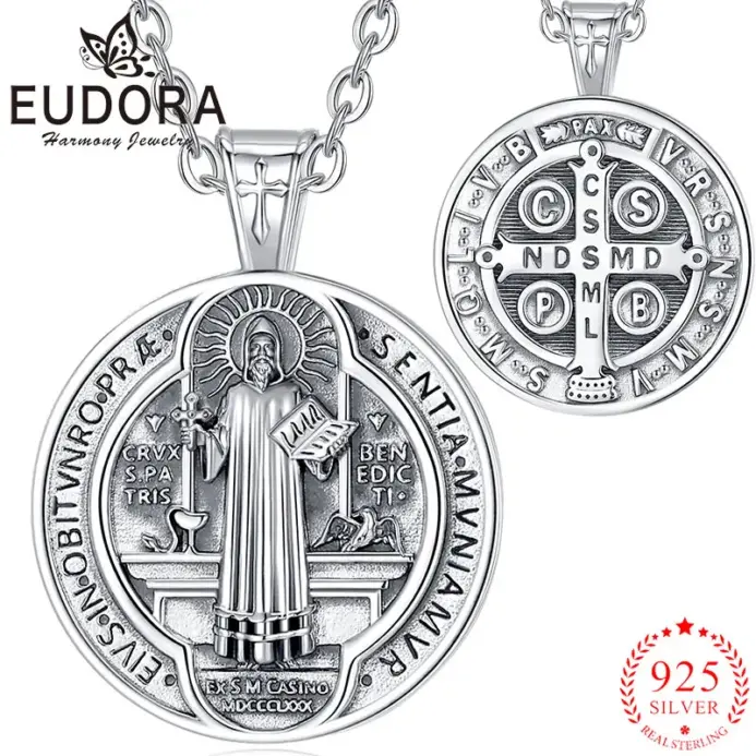collar de plata de ley 925 con cruz de San Benito, colgante religioso de runas de cuervo, amuleto de San Benito, joyería fina para hombres y mujeres 1