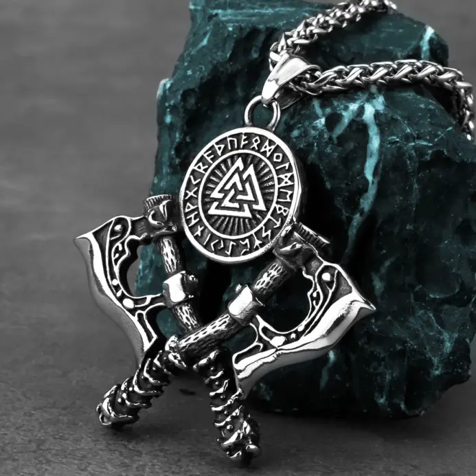 Collar con colgante de doble hacha vikinga de acero inoxidable 316L HNSP para hombre, joyería vintage, accesorios punk. 1
