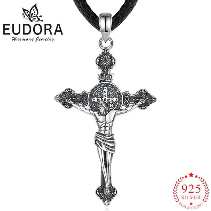 Eudora-collar de Jesús de Plata de Ley 925, amuleto Vintage con Cruz de San Benito, colgante, joyería religiosa, regalo para hombres y mujeres 1