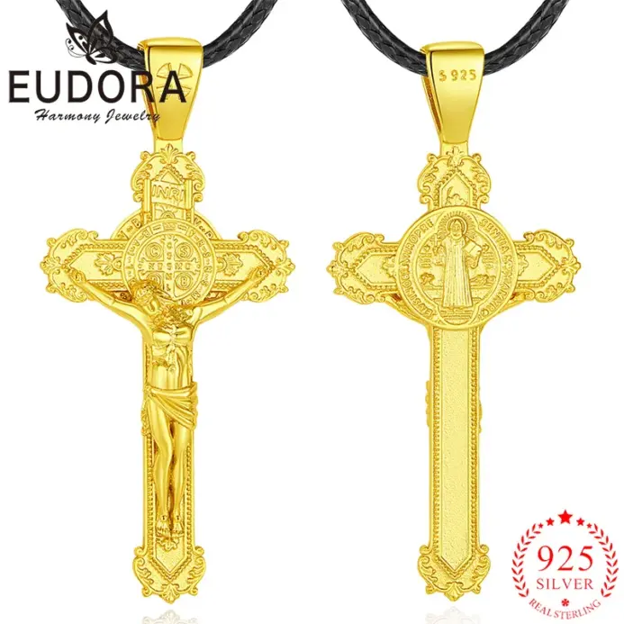 collar de plata de ley 925 con crucifijo, cruz de Jesús, oro de 18k, colgante religioso de San Benito, joyería de San Benito, regalo para hombres 1