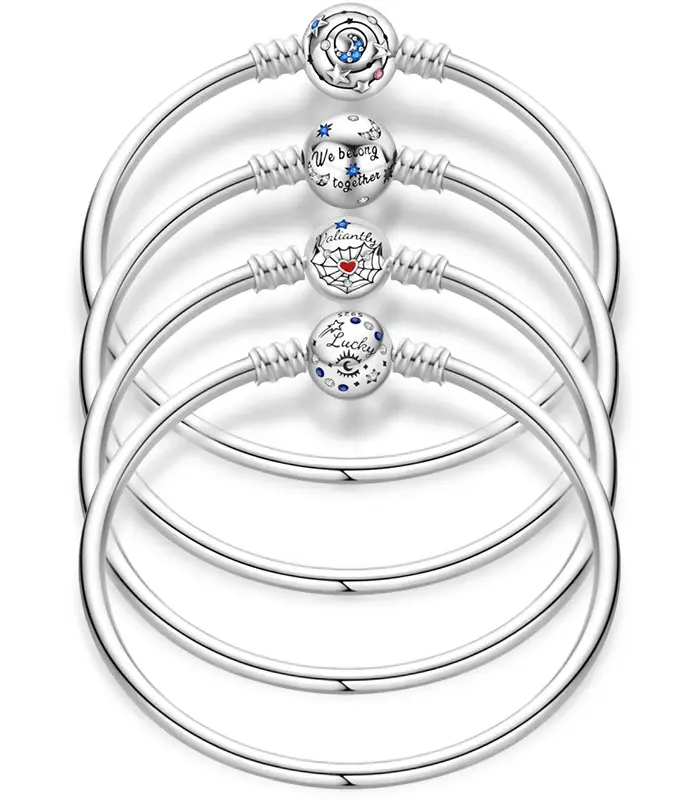 Pulseras originales de plata 925 de 17-20CM, trayectoria estrellada de Luna y estrella, pulseras de circón en forma de corazón aptas para dijes DIY, joyería de cumpleaños 1