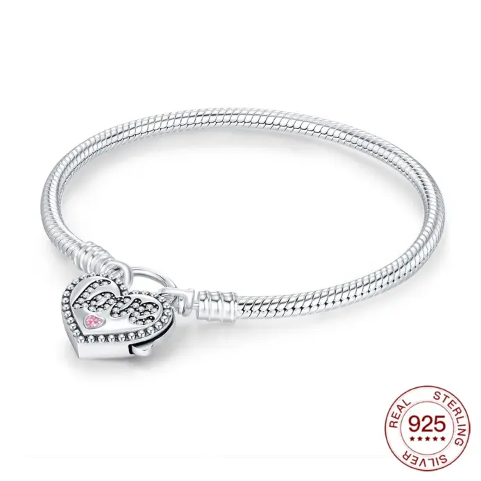 Nueva pulsera Original de Plata de Ley 925 con candado de diamantes rosas, pulsera de amor de 17-20CM para mujer, regalos de joyería DIY 1