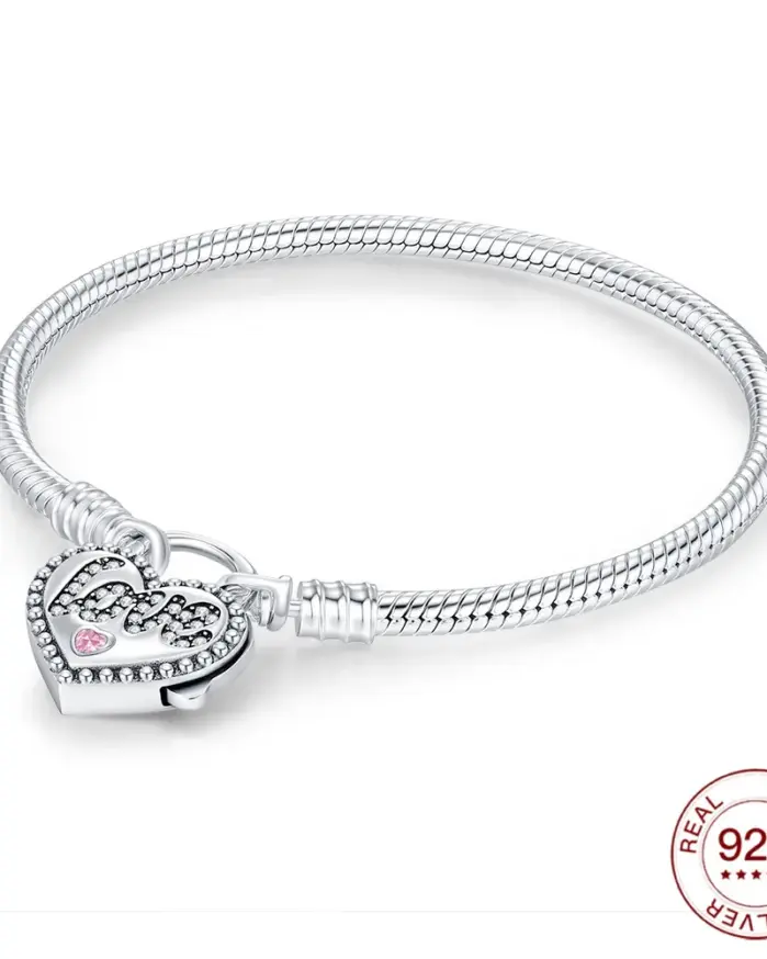 Nueva pulsera Original de Plata de Ley 925 con candado de diamantes rosas, pulsera de amor de 17-20CM para mujer, regalos de joyería DIY 1