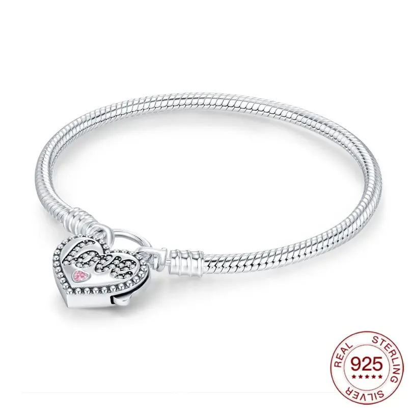 Nueva pulsera Original de Plata de Ley 925 con candado de diamantes rosas, pulsera de amor de 17-20CM para mujer, regalos de joyería DIY 1
