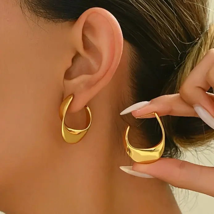 Pendientes de aro de acero inoxidable dorados y gruesos de lujo, Clips de orejas redondas brillantes cúbicos, joyería de moda para fiesta de boda 1