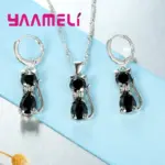 Juegos de joyas para mujer y niña, Plata de Ley 925 auténtica, cristal austriaco brillante, bonito collar con colgante de gato, pendiente Huggie 2