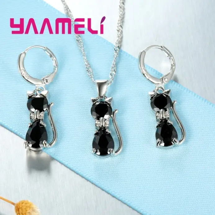 Juegos de joyas para mujer y niña, Plata de Ley 925 auténtica, cristal austriaco brillante, bonito collar con colgante de gato, pendiente Huggie 2