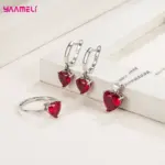 Conjuntos de regalo de joyería fina de Plata de Ley 925 para mujer, pendientes Huggie de circón con corazón romántico, colgante, collar, anillo 3