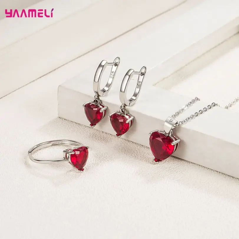 Conjuntos de regalo de joyería fina de Plata de Ley 925 para mujer, pendientes Huggie de circón con corazón romántico, colgante, collar, anillo 3