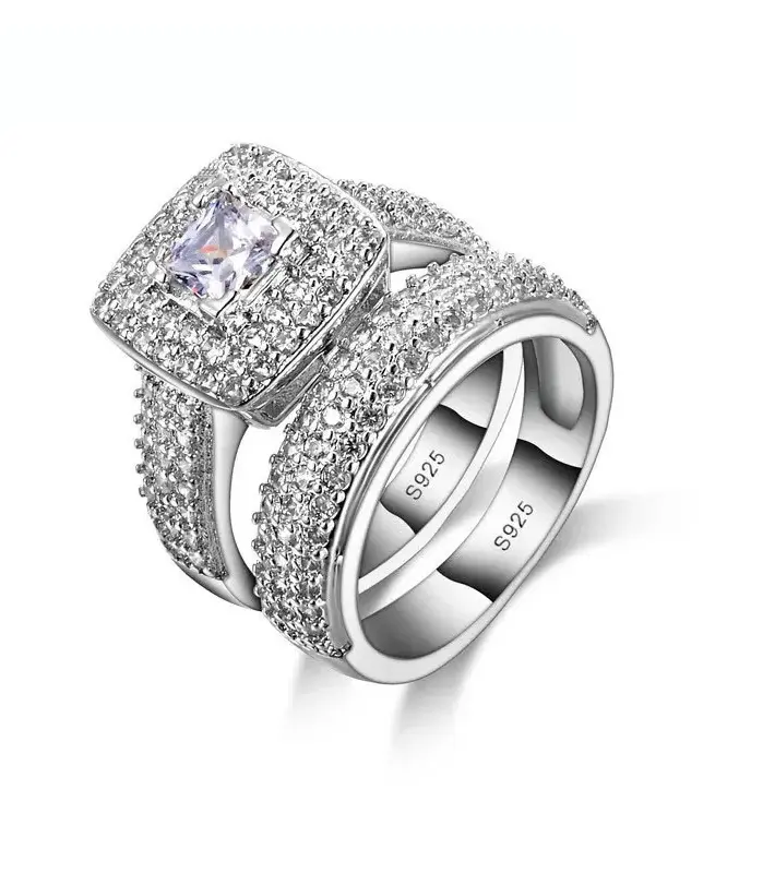 Anillo de compromiso de Color Plata de Ley 925, joyería romántica de moda, conjunto de bisel de circón cúbico, decoración para mujeres y niñas, venta al por mayor 1