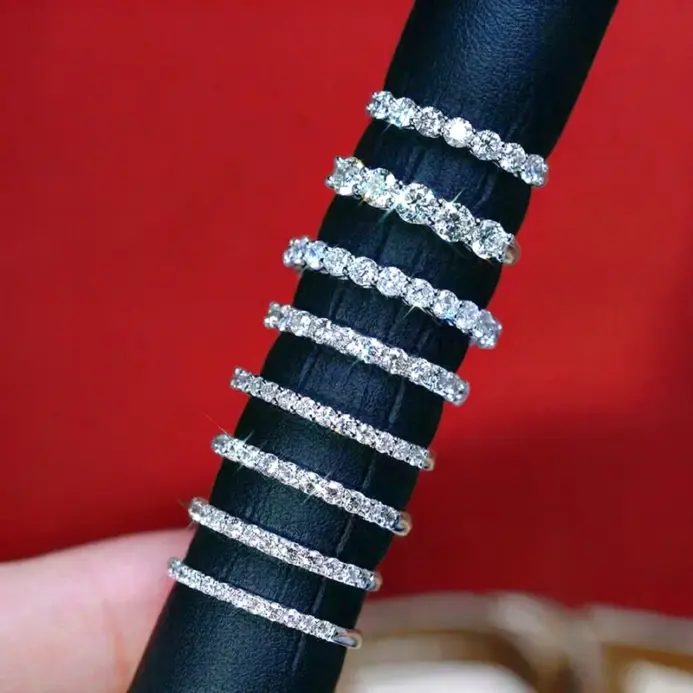 Anillos de boda de moissanita de 5 piedras, banda de media eternidad de corte brillante redondo, anillo de boda de diamante de laboratorio de plata 925 de 3mm para mujeres y hombres 2