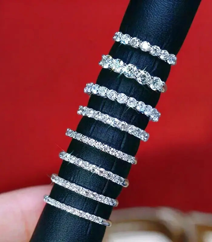 Anillos de boda de moissanita de 5 piedras, banda de media eternidad de corte brillante redondo, anillo de boda de diamante de laboratorio de plata 925 de 3mm para mujeres y hombres 2