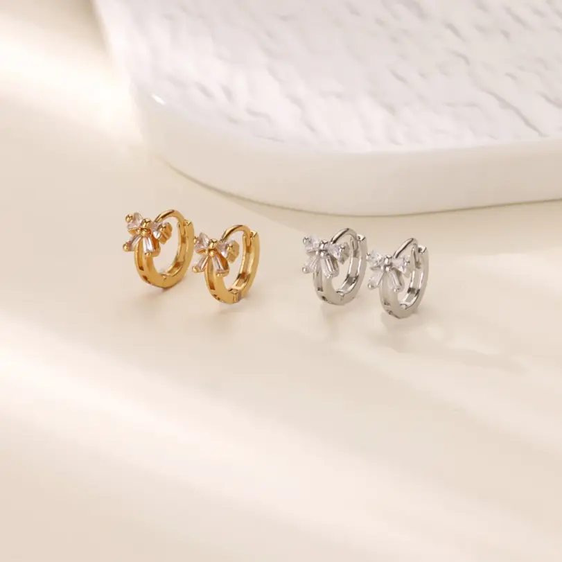 Pendientes elegantes con lazo de circón para mujer, aretes con lazo de Color dorado de acero inoxidable, regalo de joyería impermeable para boda de lujo 4