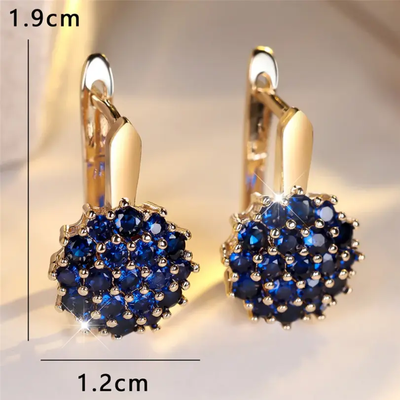 Pendientes de aro de circonio redondos de cristal azul girasol para mujer, Color rosa, oro y plata, joyería de flores para boda, regalo de compromiso 5