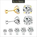 1 par/2 uds., pendientes de cristal de acero inoxidable para mujeres y hombres, joyería para las orejas de circonia cúbica transparente redonda de 4 puntas para el trago 1