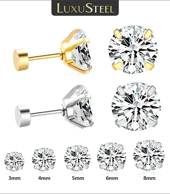 1 par/2 uds., pendientes de cristal de acero inoxidable para mujeres y hombres, joyería para las orejas de circonia cúbica transparente redonda de 4 puntas para el trago 1