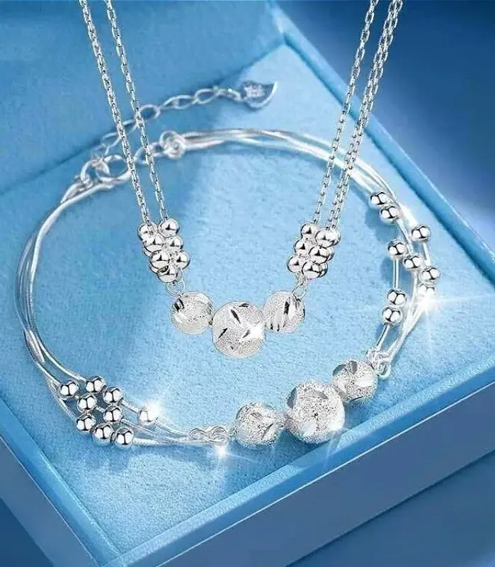 Conjunto de pulsera y collar de bola de Plata de Ley 925 para mujer, conjunto de joyería de cuentas multicapa originales de lujo, joyería exquisita para fiesta 1