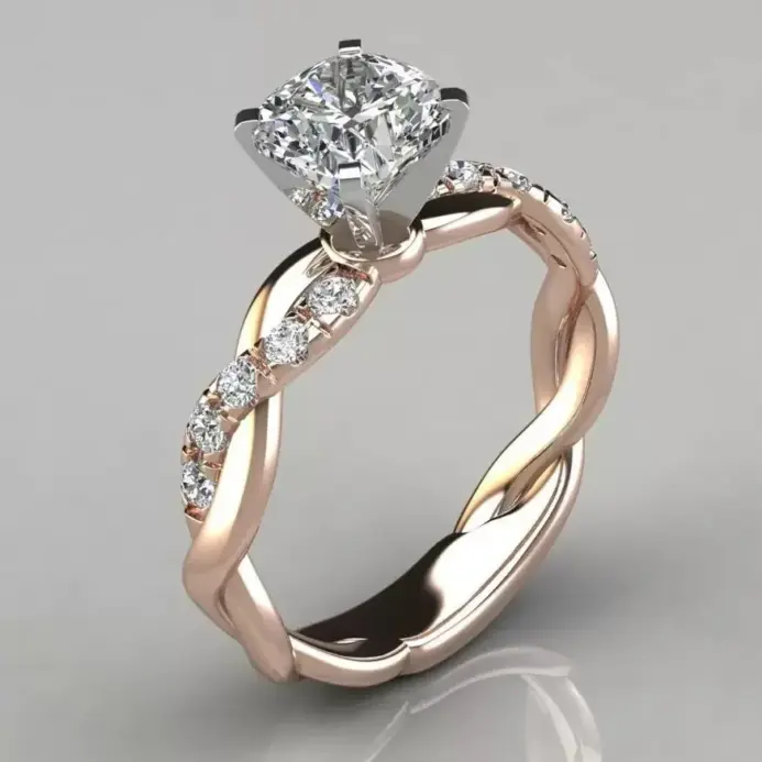 Nuevo modelo de anillo de diamante cuadrado de princesa de oro rosa de aleación chapada en oro de 18k, popular entre influenciadores, adecuado para el oeste 1