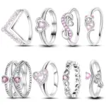 Anillos de circón en forma de corazón rosa para mujer, joyería de compromiso de boda romántica fina, anillos de Color plateado, primavera 925 1