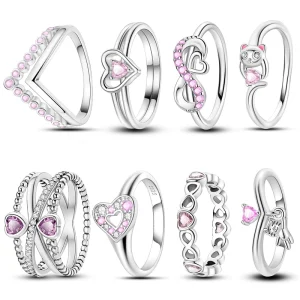 Anillos de circón en forma de corazón rosa para mujer, joyería de compromiso de boda romántica fina, anillos de Color plateado, primavera 925 1