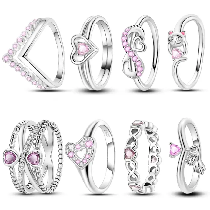 Anillos de circón en forma de corazón rosa para mujer, joyería de compromiso de boda romántica fina, anillos de Color plateado, primavera 925 1
