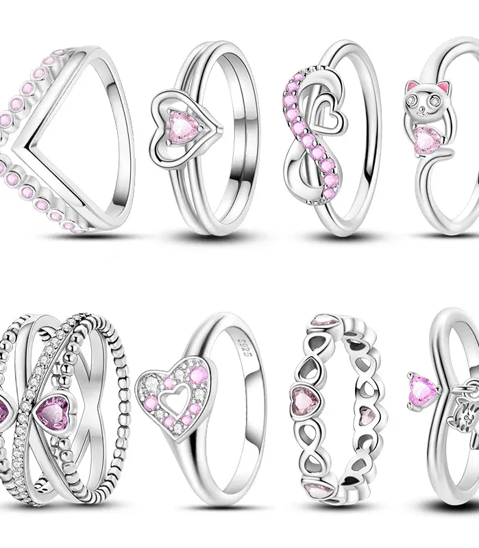 Anillos de circón en forma de corazón rosa para mujer, joyería de compromiso de boda romántica fina, anillos de Color plateado, primavera 925 1
