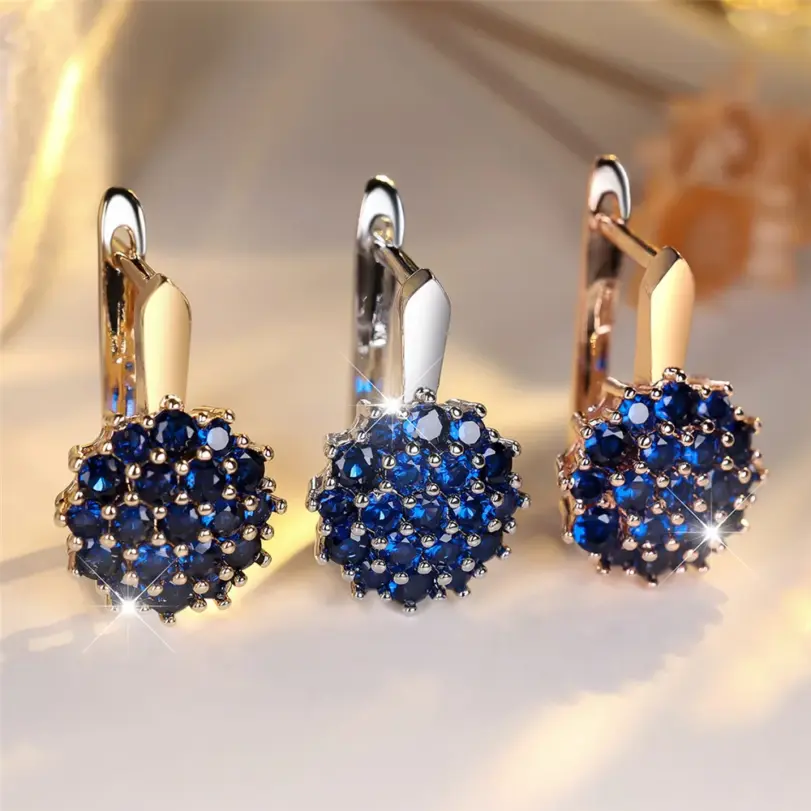 Pendientes de aro de circonio redondos de cristal azul girasol para mujer, Color rosa, oro y plata, joyería de flores para boda, regalo de compromiso 4