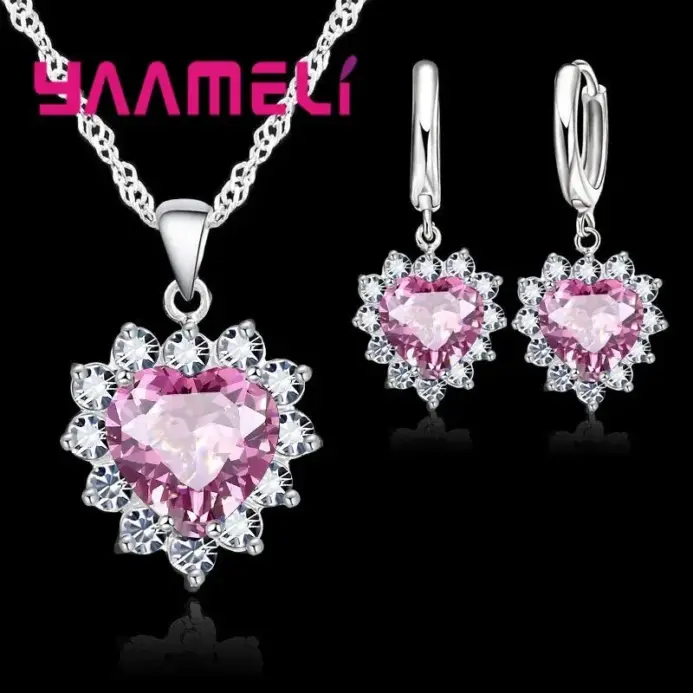 Conjunto de joyería de plata de ley 925 para mujer, Colgante de Piedra CZ con corazón, collares, pendientes, regalo de aniversario de amor 2