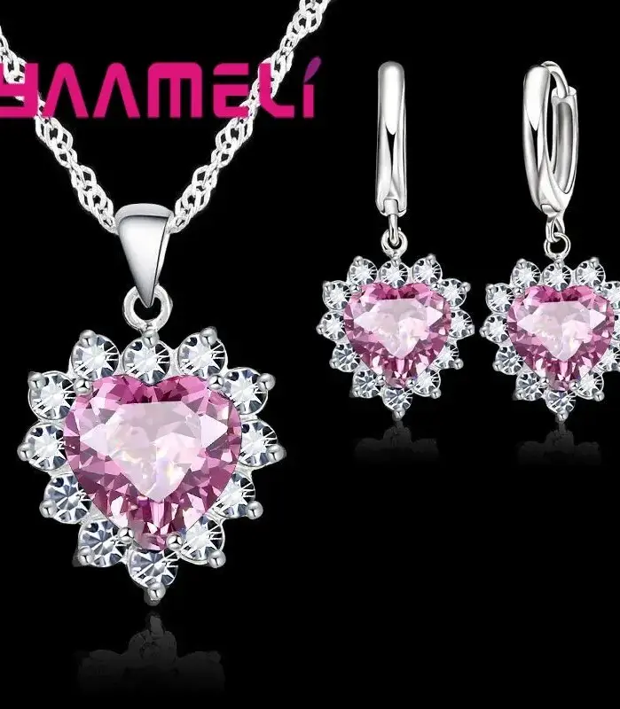 Conjunto de joyería de plata de ley 925 para mujer, Colgante de Piedra CZ con corazón, collares, pendientes, regalo de aniversario de amor 2