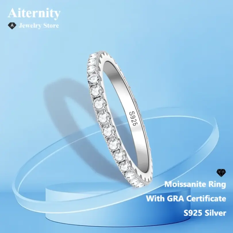 Anillo de moissanita D VVS1, Plata de Ley 925 con certificado GRA, banda de eternidad, anillos de compromiso de boda para mujeres y hombres 4