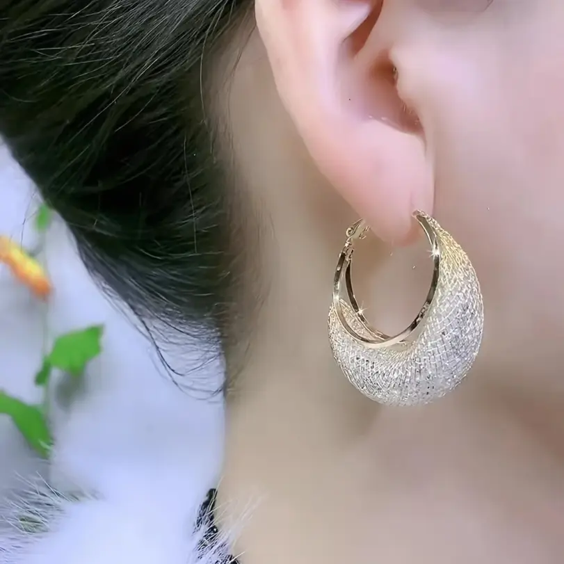 Pendientes de aro con diseño de malla brillante exagerada, joyería de hierro con incrustaciones de diamantes de imitación, estilo informal elegante para mujer, pendientes de fiesta 5