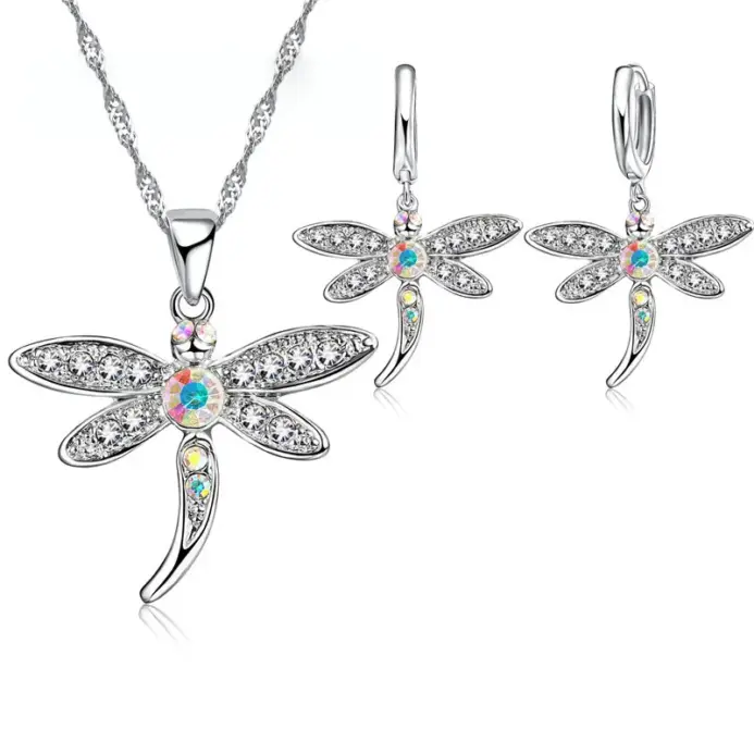 Conjunto de collar y pendientes de circonia cúbica de colores brillantes para mujer, joyería de Color Plata de Ley 925 con diseño de libélula para niñas 1