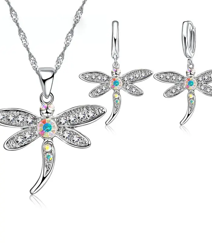 Conjunto de collar y pendientes de circonia cúbica de colores brillantes para mujer, joyería de Color Plata de Ley 925 con diseño de libélula para niñas 1