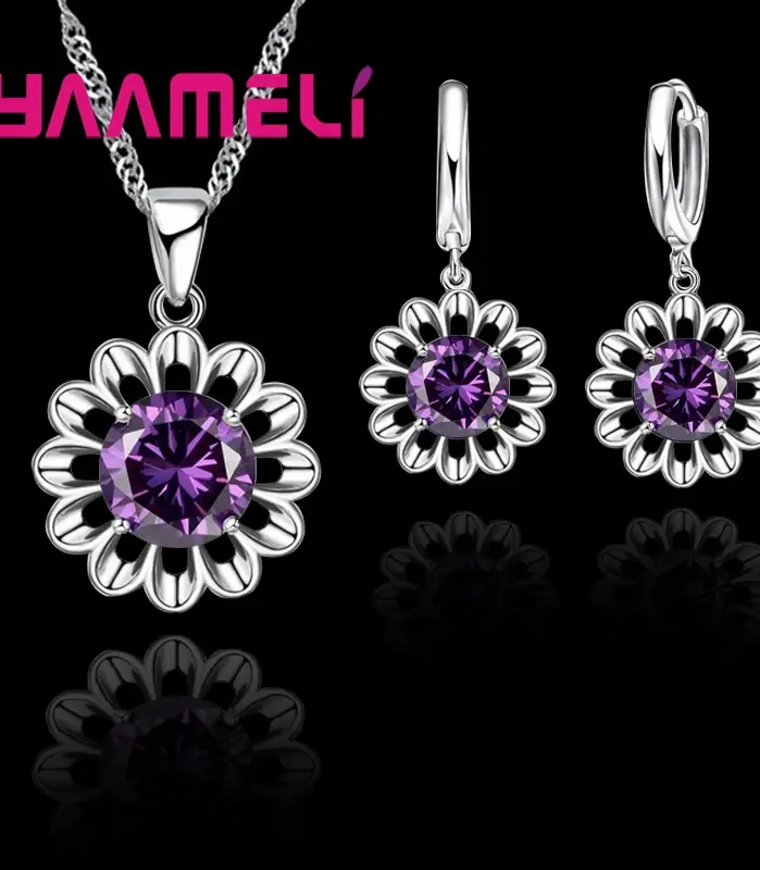 Nuevo conjunto de joyería de boda a la moda para mujer, collar con colgante de cristal de Color Plata de Ley 925 de alta calidad, pendiente de aro, gran promoción 2