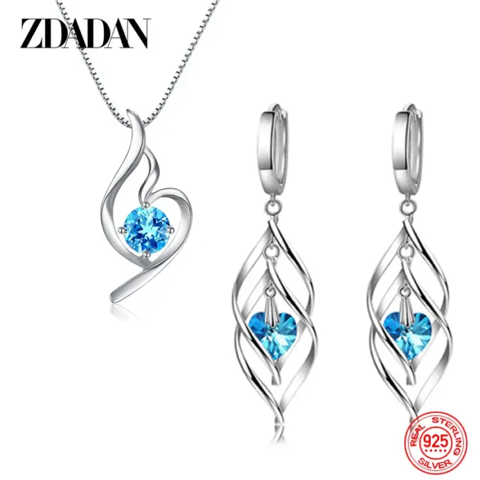 ZDADAN-Conjunto de pendientes y collar de cristal azul para mujer, de Plata de Ley 925, joyería de boda, regalo de fiesta 1